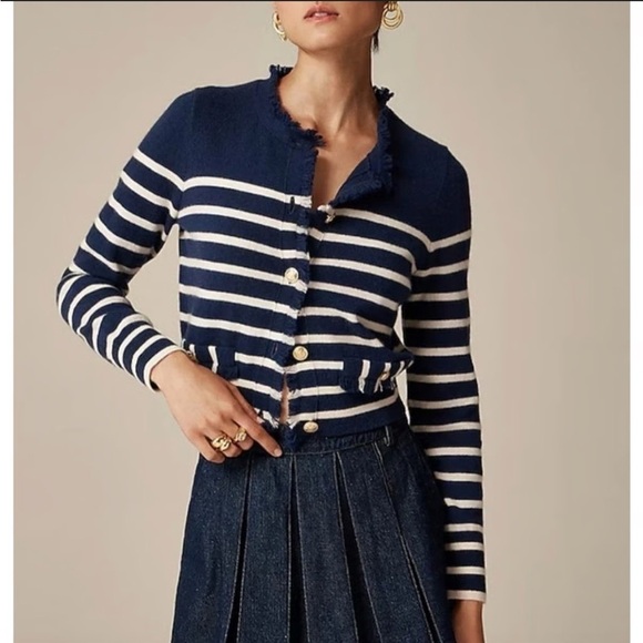 J. Crew Sweaters - J. Crew Cashmere Blue White Striped fringe-trim sweater lady jacket Size Large